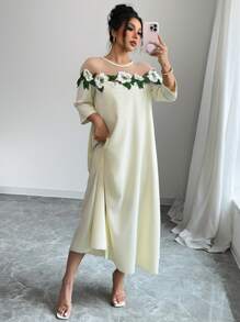 Elenzga Elegant Women's Mid-Length Mesh Patchwork Embroidered Decor Dress - Random Flower Print - Apricot - View 5