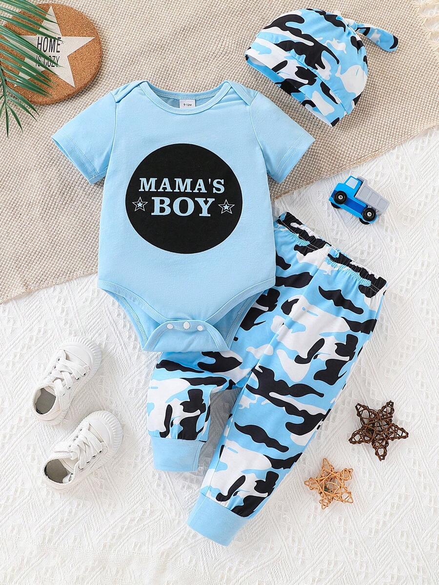 SHEIN Playful Pals Infant Baby Boys' Cute Letter Print Army Green Hat Bodysuit With Long Pants, Spring & Autumn - Multicolor - View 1
