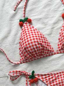 SHEIN 2pcs/Set 2025 New Women Plaid Print Triangle Tie Front Bikini Set Tankini Bottoms, Cute Summer Beach Holiday Girl Bikini Swimwear