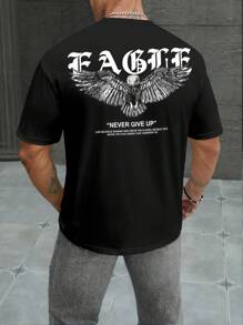 Manfinity Dauomo 男士休闲老鹰徽标印花短袖 T 恤 - 黑色 - 查看 3