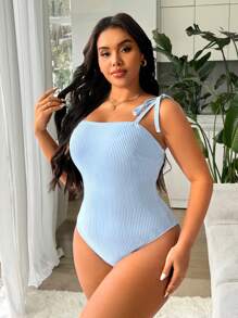 SHEIN Plus Size One-Piece Swimsuit, Minimalist & Fashionable, Suitable For Summer - Blue and White - View 3