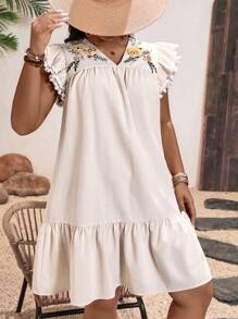 SHEIN Clasi 女士仿刺绣花卉印花荷叶边下摆无袖连衣裙 - 杏色 - 查看 4