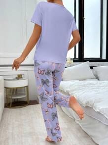 SHEIN Fashion Butterfly Positioning Print Short Sleeve Top And Long Pants Set - Purple - View 2