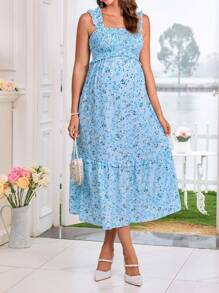 SHEIN Maternity & Nursing Dress With Ruched Straps, Gathering Pleats And Ditsy Floral - Blue - View 3