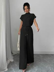 Chiquease 优雅休闲杏色梭织无袖女式衬衫和阔腿杏色梭织裤，两件套女士套装，女士休闲装 - 黑色 - 查看 5