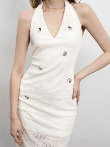 Maija White Lace Jacquard Texture Deep V-Neck Sleeveless Midi Dress, Elegant Fitted Comfortable Spring/Summer Versatile Women's Apparel, Festive - White - View 4