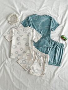 Vintaside Kids Conjunto de 4 piezas para bebé niño con camiseta de manga corta de cuello redondo y shorts de verano, fabricado en tela de punto, versión holgada, en estilo beige y verde grisáceo, fresco y versátil, de estilo de moda sencillo. La camiseta de cuello redondo y manga corta es cómoda y generosa, los shorts son holgados y con forma. La camiseta y los shorts están equipados con estampados de sol, llenos de vitalidad y diversión. Adecuado para deportes, ocio en casa, parque de diversiones, deportes, fotos padres-hijos, fiestas y talla grande.