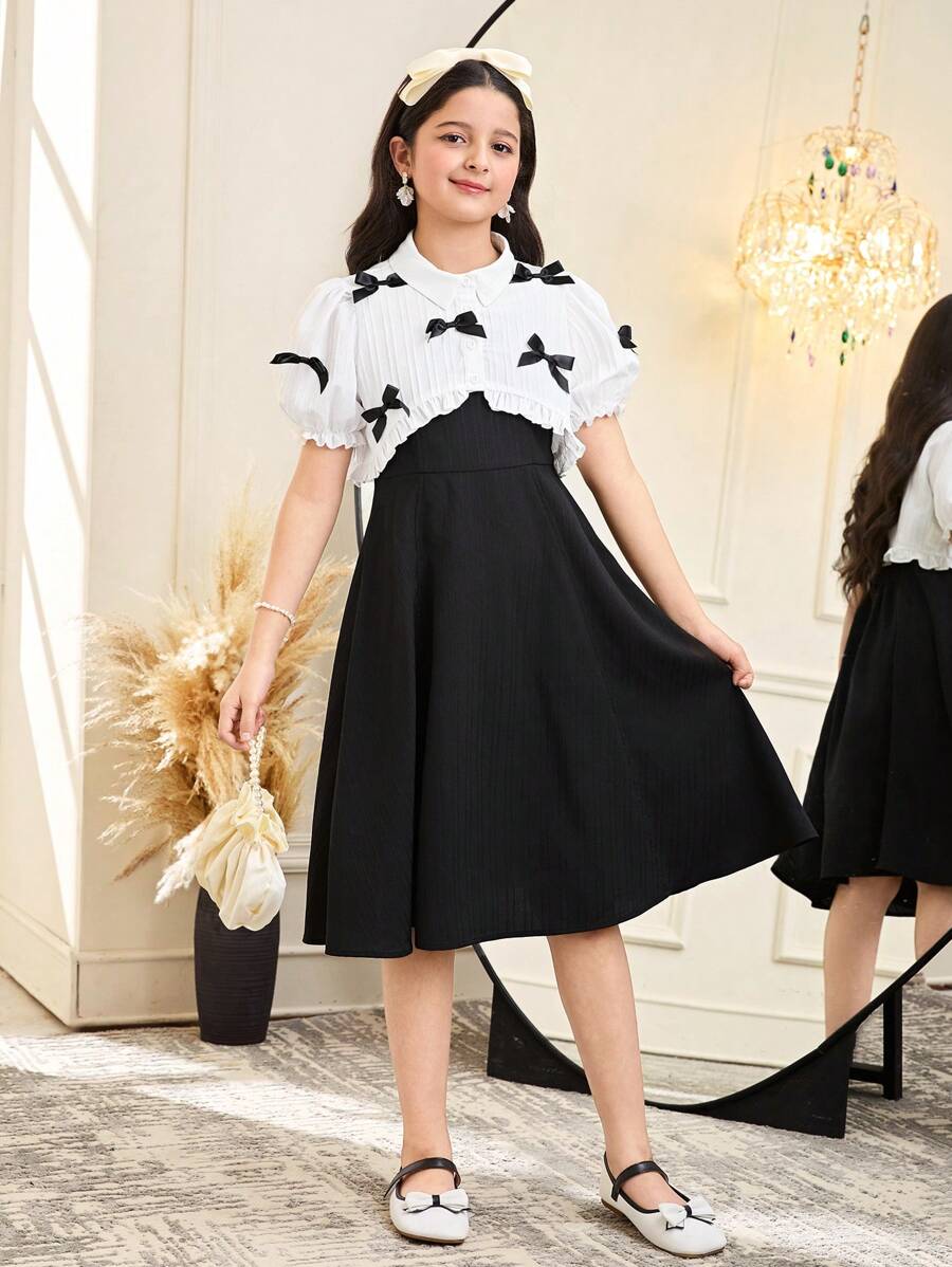 Tween-Mädchen 2-teiliges lässiges Set aus kurzem Hemd und Kleid mit Kragen, Rüschen und Schmetterlingsdekor, bequem und minimalistisch