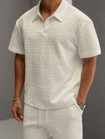 Manfinity Homme Men's White Knitted Summer Set: Short Sleeve Polo Shirt And Shorts Co-Ord