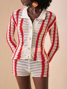 Zivah 新款音樂節休閒街頭風格空心時尚女性折領釦紋針織開衫上衣＆短高腰毛衣＆短褲性感沙灘套裝 - 彩色 - 查看 4