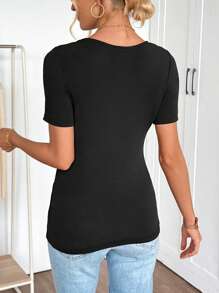 EMERY ROSE Women Patchwork Embroidery Mesh Round Neck Short Sleeve T-Shirt - Black - View 2