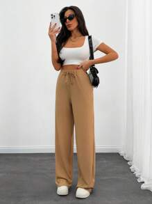 EURMUSE Women Beige Textured Fabric Drawstring Detailed Straight Fit Pant - Beige - View 5