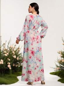 Graceveil Robe femme à manches lanternes avec col rond, à taille croisée, style arabe, pour le printemps/l'été