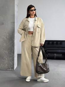 SHEIN ICON 大码女式大码牛仔夹克，休闲时尚，适合夏季 - 卡其色 - 查看 6