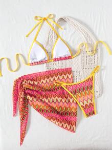 Glamine Set de 3 piezas Traje de baño de bikini de estilo crochét con tirantes de red casual para vacaciones en la playa, para mujeres, primavera/verano - Multicolor - Ver 8