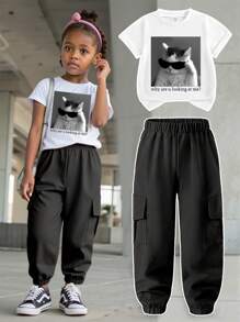 SHEIN 2pcs Set Summer Short Sleeve T-Shirt And Cargo Pants Style Hit  Summer Tops - Black - View 1