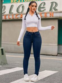 Jeans casuales de mujer con botones frontales y bolsillos, para uso diario - Azul lavado oscuro - Ver 3