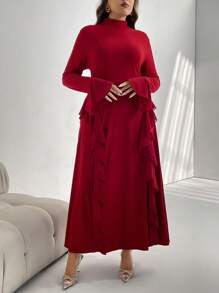 Firerie Plus Size Elegant Commute & Date Sexy Stylish Musical Show Design Square Neck Long Sleeve Fitted Dress With Ruffle Trim A-Line, Spring/Autumn - Burgundy - View 1