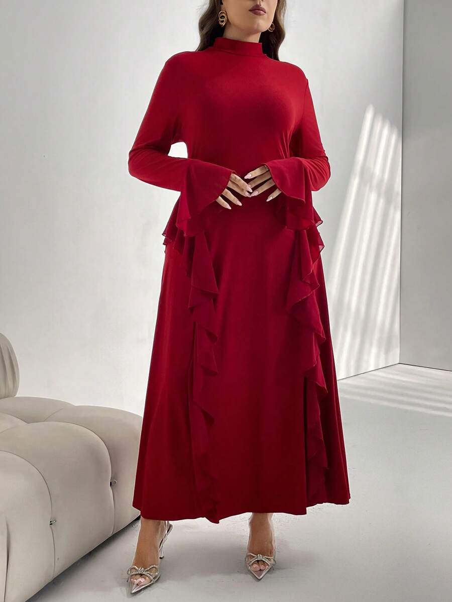 Firerie Plus Size Elegant Commute & Date Sexy Stylish Musical Show Design Square Neck Long Sleeve Fitted Dress With Ruffle Trim A-Line, Spring/Autumn - Burgundy - View 1