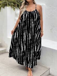 SHEIN CURVE+ Plus Size Summer Tree Pattern Spaghetti Strap Backless Loose Comfortable Vacation Dress, Suitable For Resort And Beach Y2k - Black and White - View 6