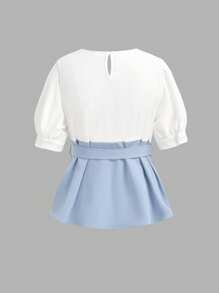 SHEIN Girlism Teen Girls Blue And White Waist Ruffled Short-Sleeved Shirt & Long Casual Wide-Leg Pants, Elegant Commuting Retro Elegant Versatile Suit, Suitable For Daily Wear