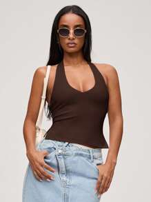 SHEIN BASICS Women's Casual Solid Color Knitted Halter Neck Top Brown/Summer - Brown - View 3