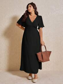Elaquor 大码休闲优雅度假 V 领收腰 A 字形连衣裙 - 黑色 - 查看 3