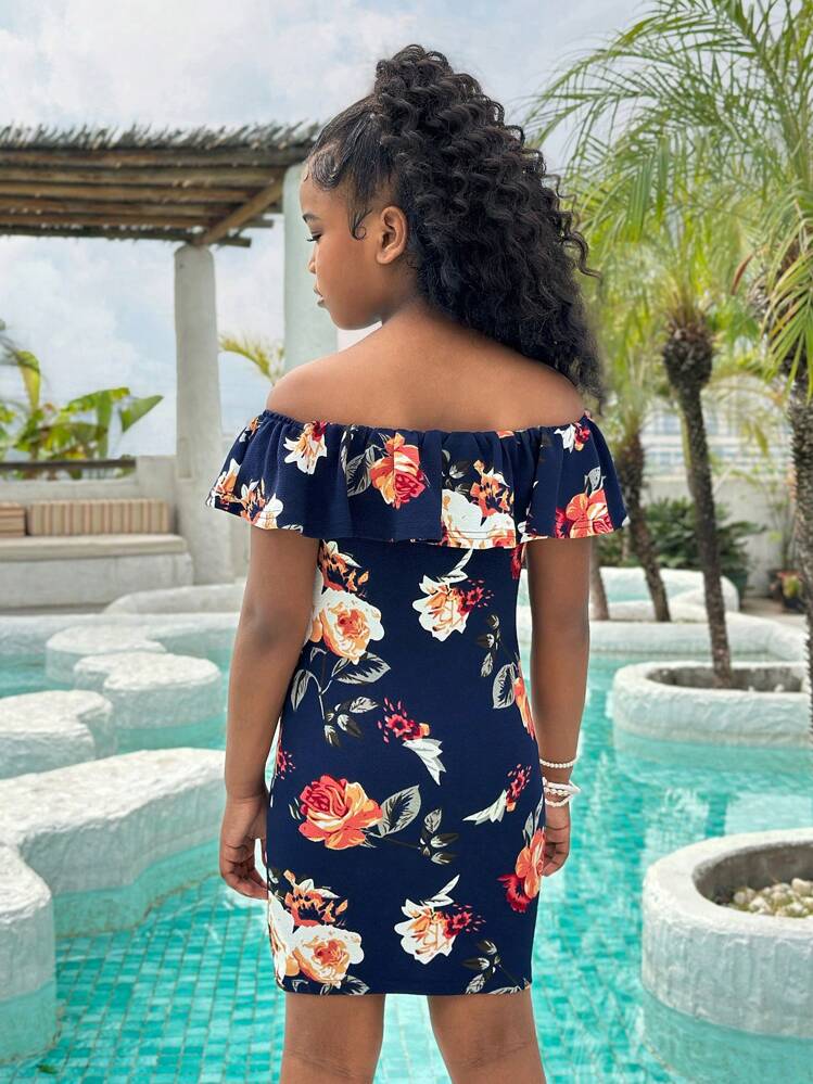 SHEIN Tween Girl Elegant Versatile Flower Print Off Shoulder Ruffle Hem Snug Fit Dress - Navy Blue - View 2