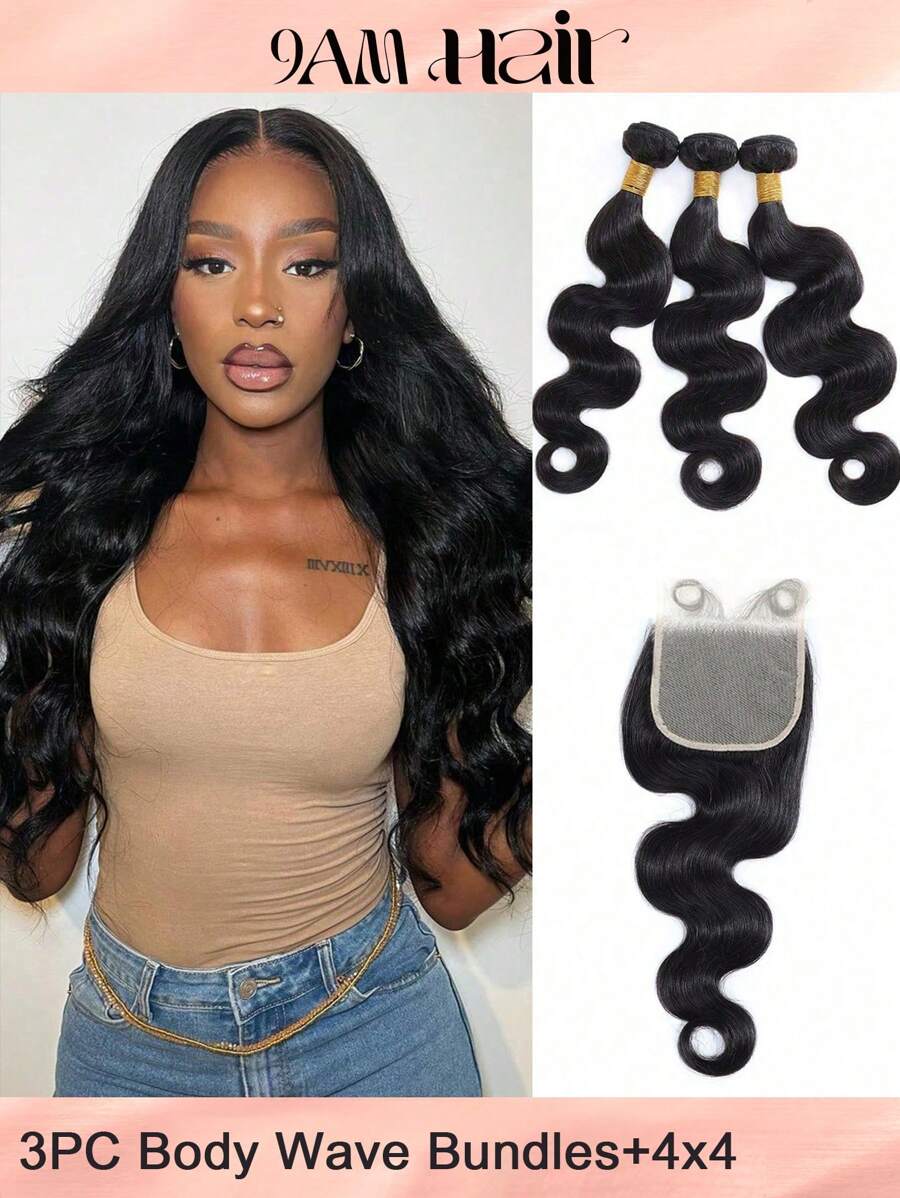 Body Wave 3pcs Bundles With 4*4 Transparent Lace Front Closure Unprocessed Human Hair With Baby Hair Around Human Virgin Hair Extensions Natural Color Black For Women Hair - SNatural - View 1