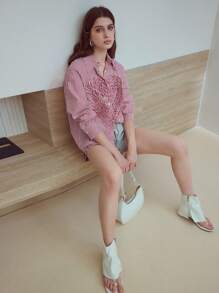 MOTF STUDIO WOMEN'S COTTON STRIPED PRINT FRILL SHIRT - Red and White - View 3