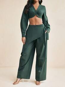 GYD studio 绿色斜纹结饰裙弹力裤两件套休闲度假运动裤女装工作女裤女装两件套女装两件套女装两件套女装两件套工作服女装女装夏季套装女装两件套