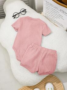 SHEIN Newborn Baby 2pcs/Set Soft Comfy Short Sleeve Bodysuit And Shorts Set - Baby Pink - View 2