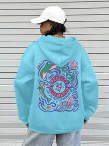 SHEIN EZwear Drawstring Long Sleeve Hooded Top With Front Pocket And Letter Print, Suitable For Daily Casual Wear - Blue - View 3