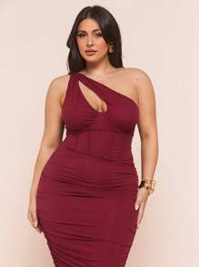 SHEIN BAE Plus Size Women Asymmetric Neck Bodycon Midi Dress, Burgundy, Elegant Sexy Dress, French Style Dress, Evening Gown, Birthday Dress, Bridesmaid Dress, Simple Chic Everyday Dress, Wedding Guest Dress, Cocktail Dress,Dresses Classy Elegant,Nashville Outfits,Summer Dresses For Women,Vacation Outfits Women,Wedding Guest Dress Women,Sun Dresses For Women,Spring Outfits For Women,Graduation Dress,Mesh Dress - Burgundy - View 4