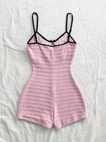 Soleia Women's Vacation Solid Pink Knit Textured Front Hollow Bow Contrast Strap Skinny Jumpsuit, Fashionable Layering Or Outerwear, Party - Baby Pink - View 2