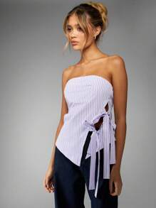 MISSGUIDED Top estivo senza spalline, a fascia, con lacci laterali, in misto cotone a righe, blusa a tubo asimmetrica, casual, da spiaggia, moda primavera - Viola - Visualizzare 4