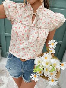 SHEIN Frenchy Women's Vacation Ditsy Floral Ruffle Sleeve Tie-Neck Blouse Summer Flower - Apricot - View 6