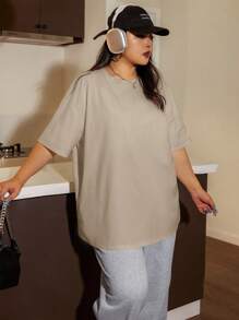 SHEIN EZwear 大码女式纯色圆领落肩休闲 T 恤 - 棕色 - 查看 3