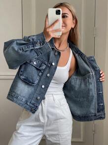 Livesso 女士 3D 口袋装饰牛仔夹克 - 中等水洗藍 - 查看 6