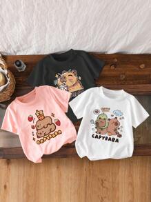 年轻女孩卡通字母印花圆领短袖休闲 T 恤