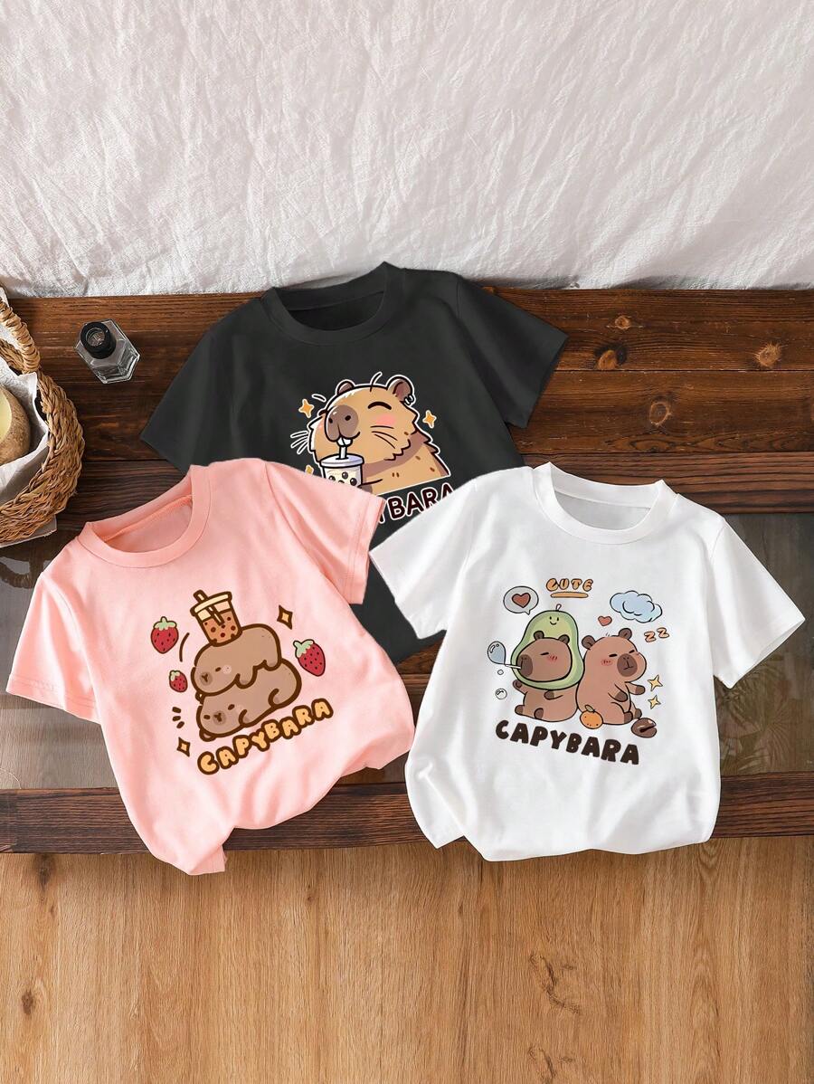 年轻女孩卡通字母印花圆领短袖休闲 T 恤