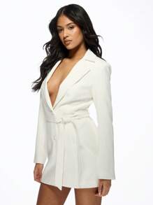 MISSGUIDED Elegant Blazer Mini Dress Long Sleeve Belted Wrap Business Professional Office Work Evening Party Lapel Designer Dress Wedding Reception Guest - White - View 4