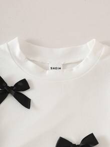 Toddler Girl Car Print Bow Round Neck Knitted White Short Sleeve T-Shirt And Black Woven Shorts, Casual Korean Summer Outfit