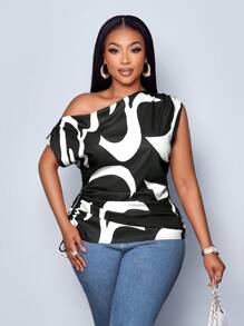 SOLERSUN Women's Plus Size Geometric Printed Asymmetrical Shoulder Drawstring Ruched Side Blouse, Random Print,One Shoulder Top - Black - View 2