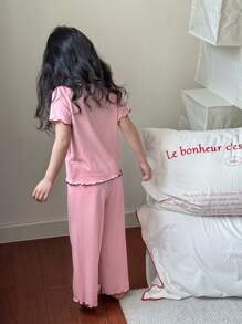 Young Girls Ruffle Bow Round Neck Short Sleeve Top And Loose Pants 2pcs Sleepwear Set - Baby Pink - View 2