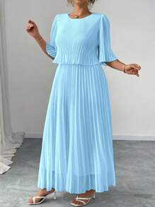 Elenzga 大码优雅淑女纯色褶皱雪纺连衣裙，春夏