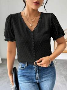 Elenzga Women's Solid Color Swiss Dot Flounced V-Neck Puff Sleeve Blouse