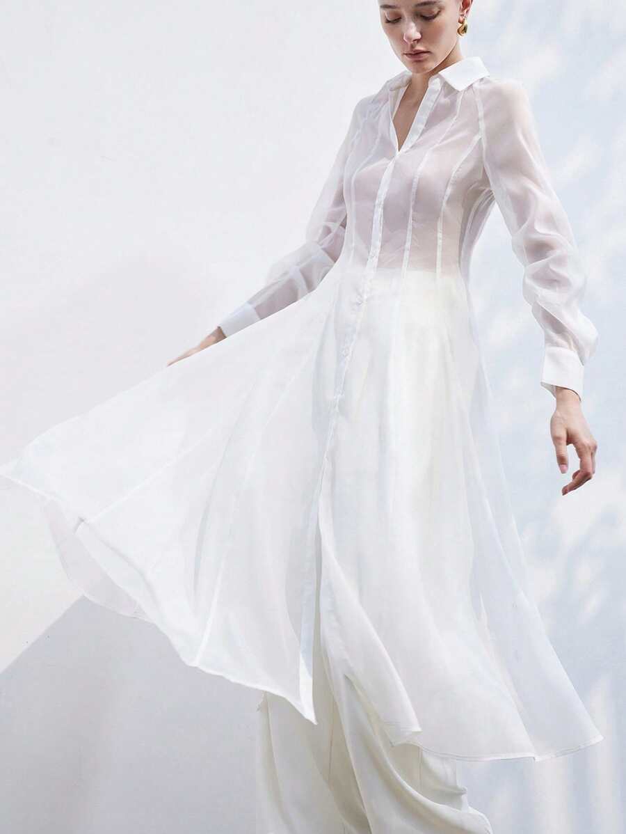 Aveloria Modichic Áo sơ mi vải trong suốt thanh lịch, gợi cảm, thời trang có cổ chữ V, tay bồng, tay dài, cạp chun, thiết kế xếp ly, váy maxi chữ A cho nữ - trắng - Xem 1