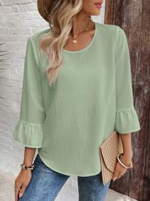 EMERY ROSE Women's Solid Color Textured Bell Sleeve Casual Vacation Shirt - Green - View 6