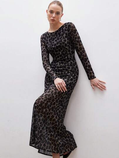 Aveloria Modichic Women's Leopard Print Round Neck Long Sleeve Fishtail Hem Elegant Dress Fall Cloth For Women